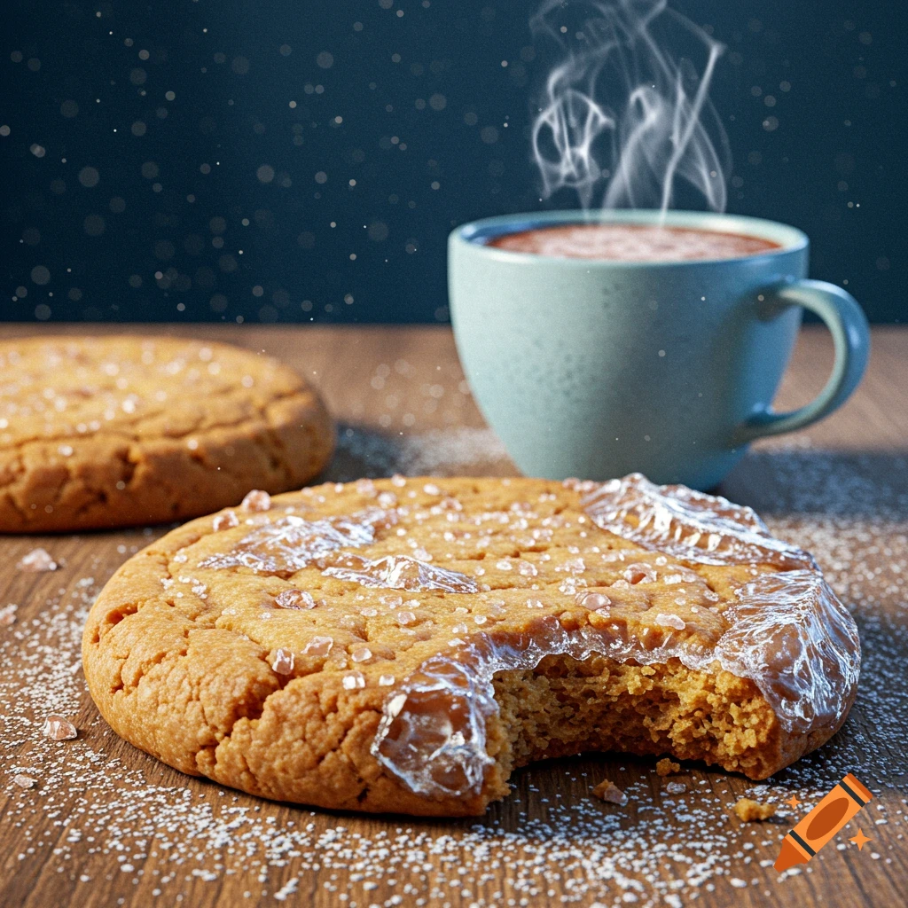 A bitten cookie topped with large sugar crystals and powdered sugar on a wooden table, with another cookie and a steaming mug in the background.