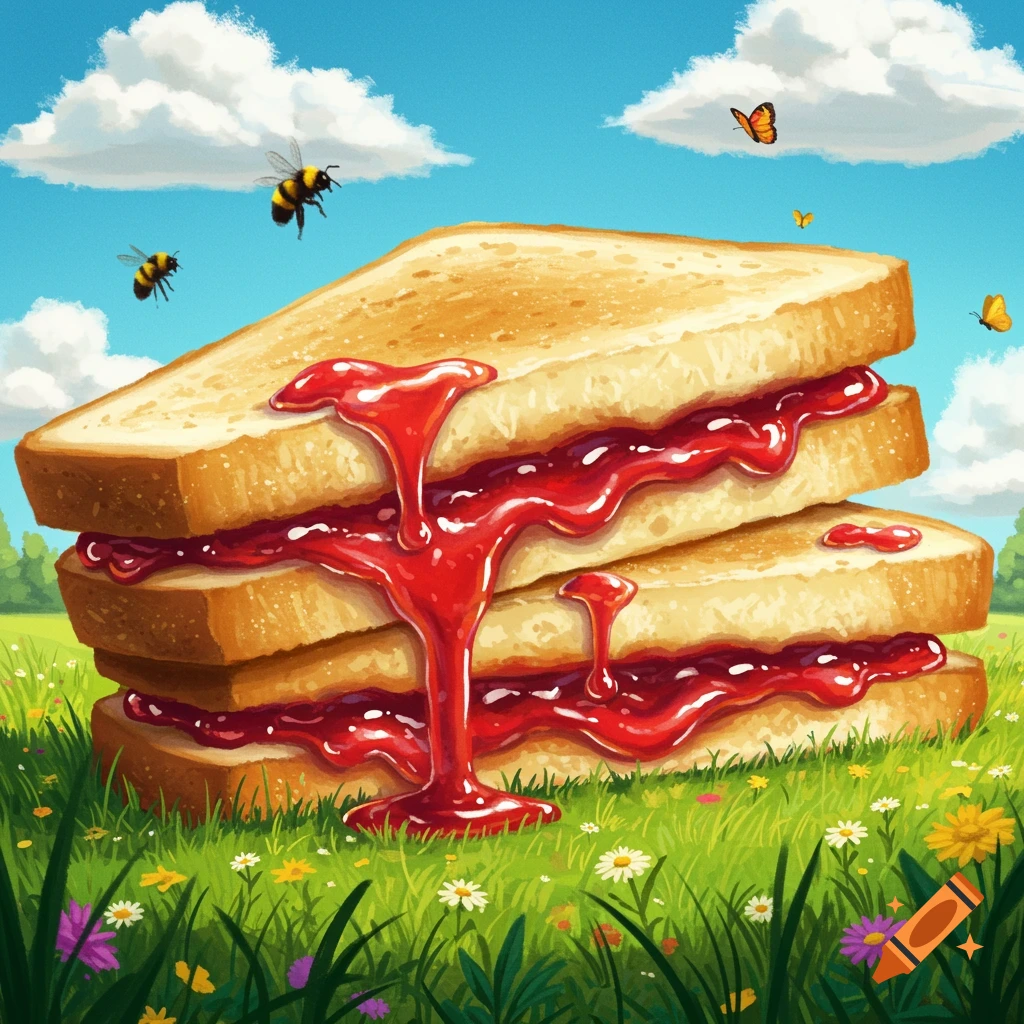 A giant jam sandwich in a grassy field with wildflowers, bees, and butterflies under a blue sky, in a whimsical illustration.