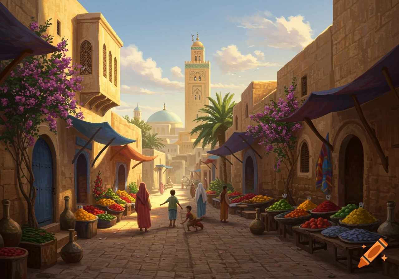 Vibrant market street in a Middle Eastern city with colorful fruit stalls and people walking towards a distant minaret.