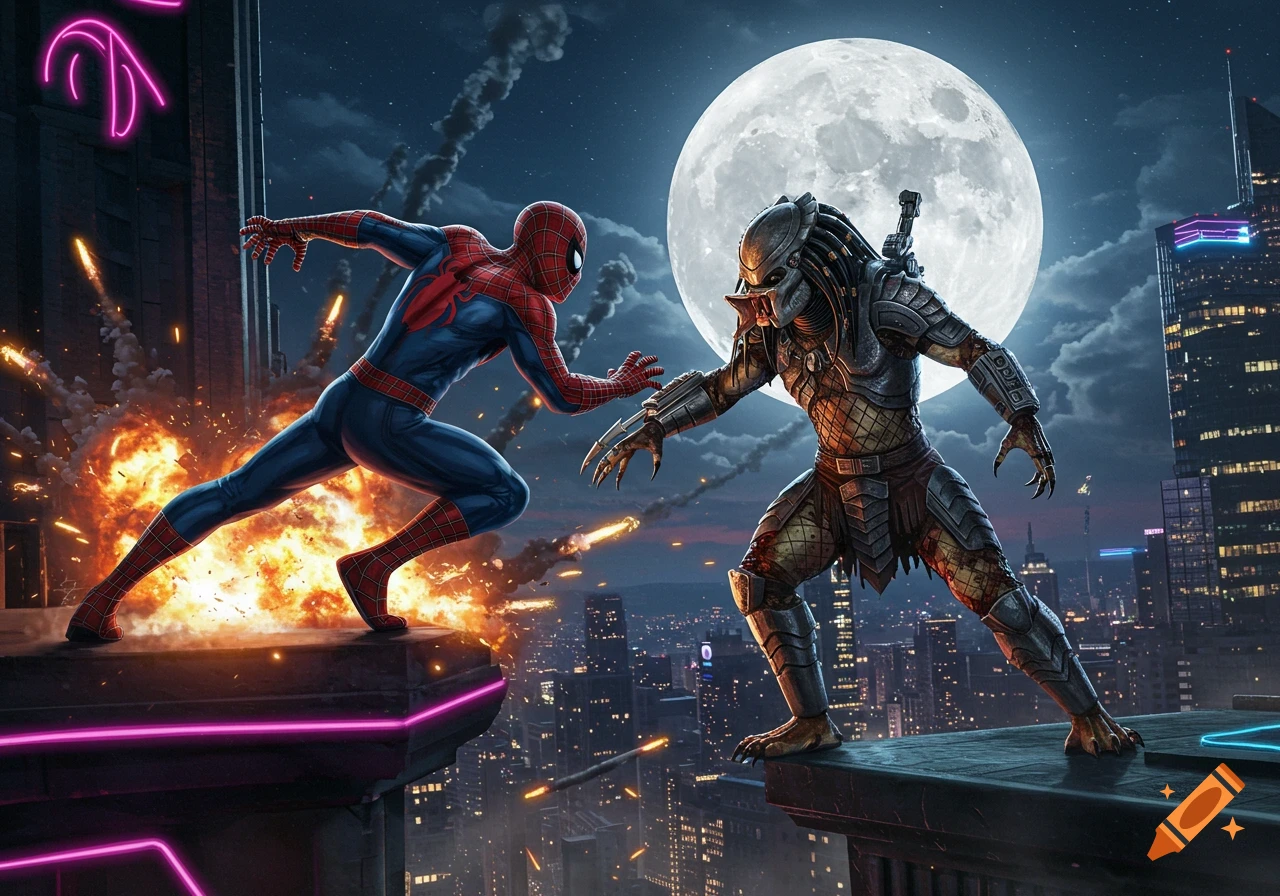 Spider-Man and Predator face off on a city rooftop at night with explosions and a full moon in the background.