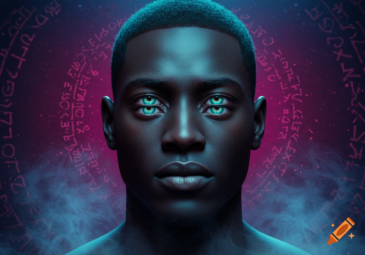 Close-up digital art portrait of a dark-skinned man with short hair and glowing blue eyes, each with two stacked pupils, against a background of glowing pink mystical symbols and blue smoke.