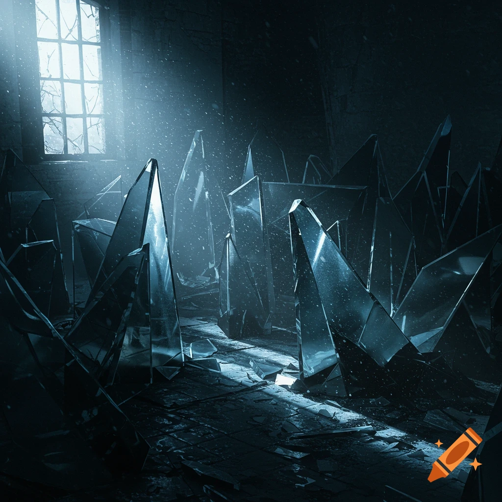 A dark room filled with large, sharp shards of broken glass, illuminated by a strong light beam from a distant window.