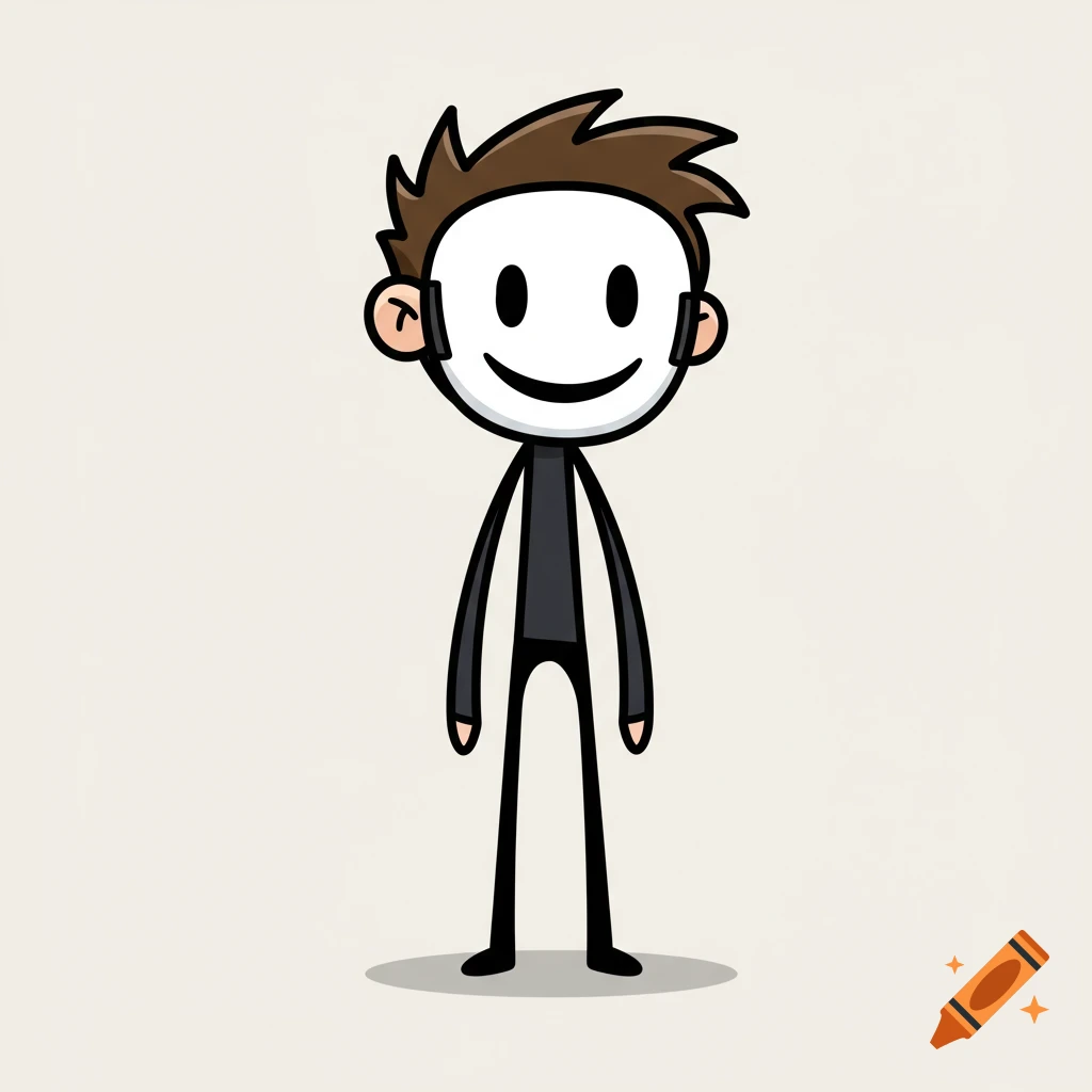A cartoon stickman character with messy brown hair and a white happy face mask stands centered.