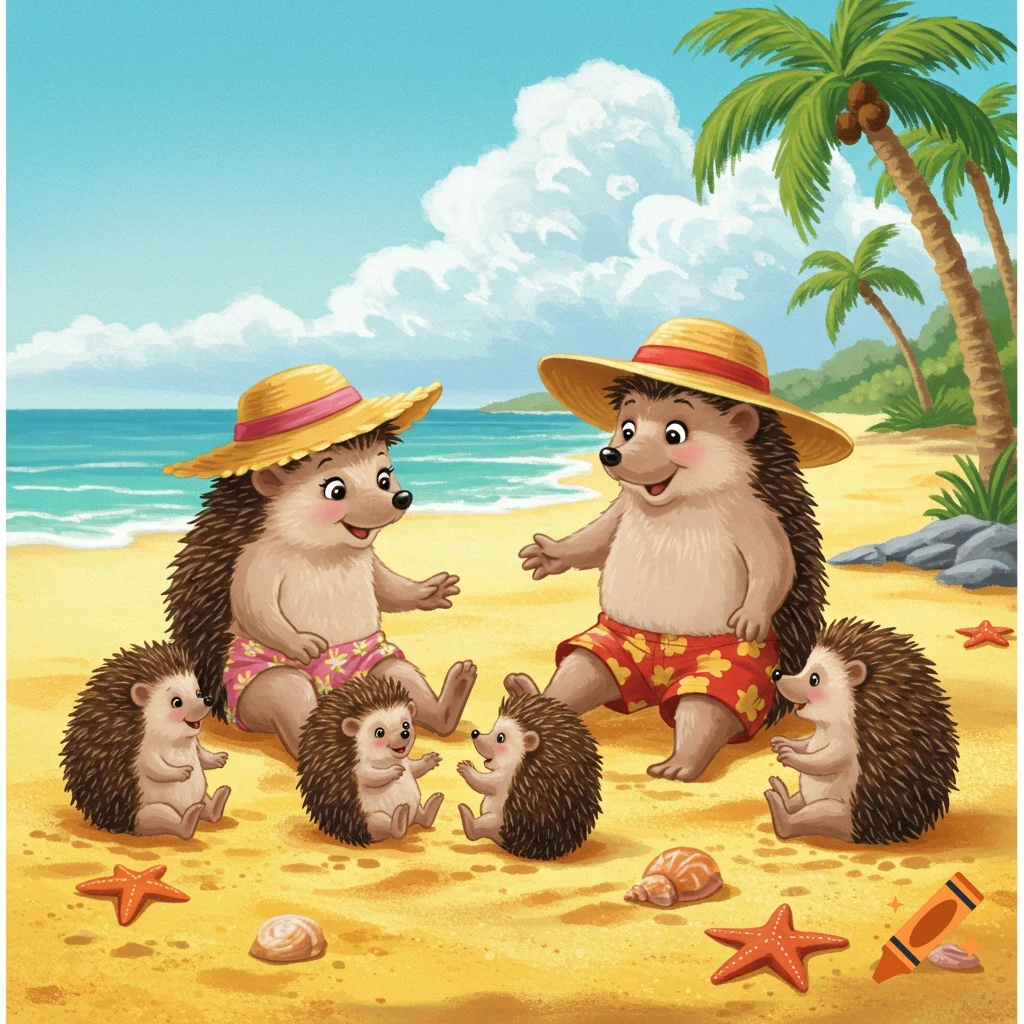 A hedgehog family with two adults in sun hats and four babies sitting on a sunny beach with palm trees and ocean, in a Disney art style.