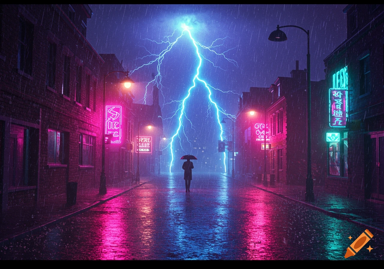 A solitary figure with an umbrella walks down a neon-lit, rainy cyberpunk street under a lightning strike.