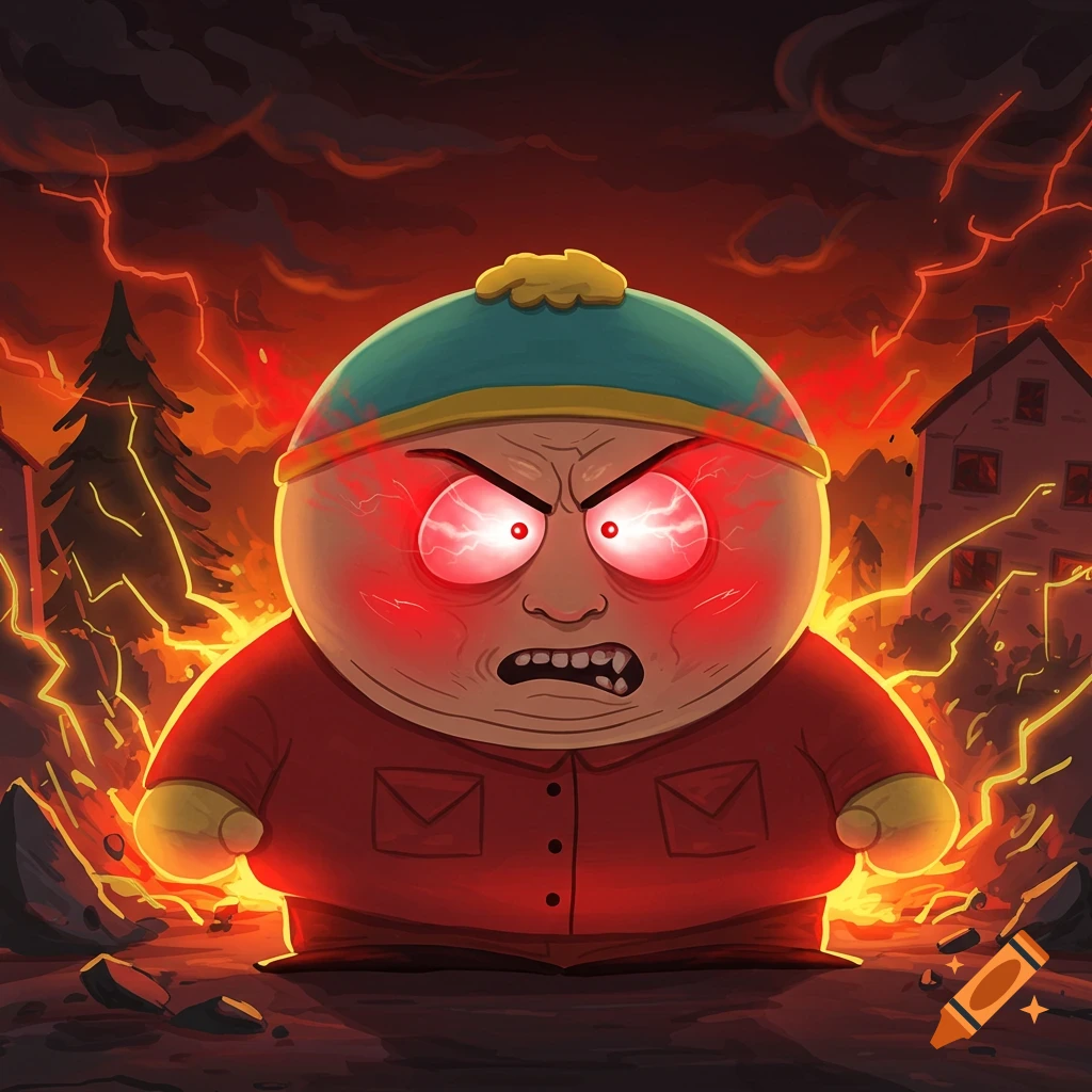 Angry Cartman from South Park with glowing red eyes amidst red lightning and fire in a dark, stylized landscape.