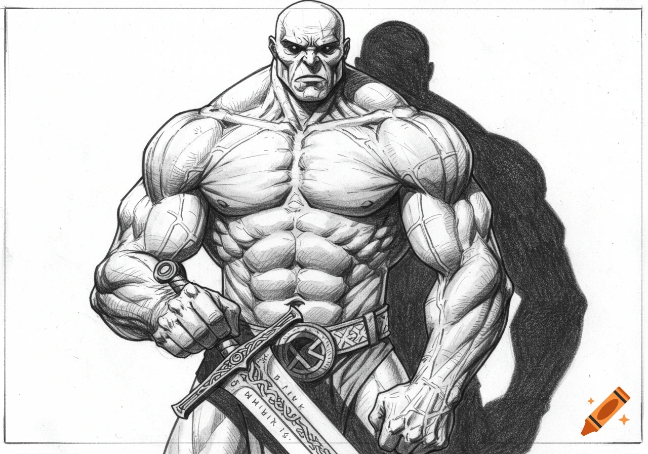 A detailed pencil sketch of a heavily muscular, bald man with dark eyes holding a large sword.