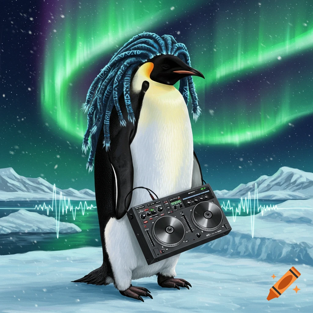 An emperor penguin with blue dreadlocks holds a DJ mixer in an arctic landscape under the northern lights.