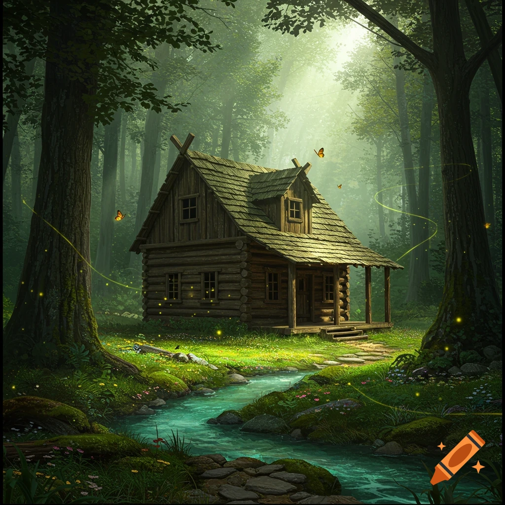 A rustic wooden cabin in a lush, mystical forest with a stream, glowing fireflies, and sunbeams filtering through the trees.