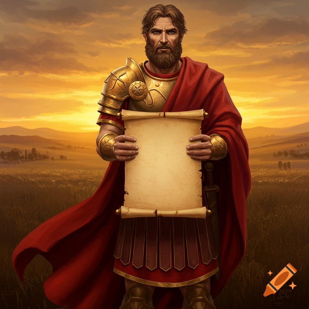 A bearded warrior in golden armor and a red cape holds an ancient scroll against a sunset sky over a field.