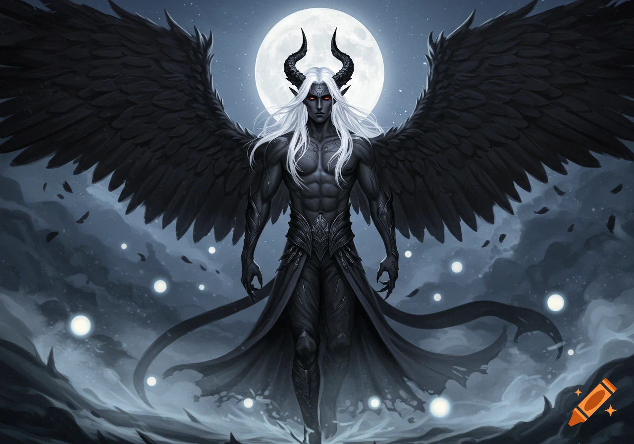 A dark fantasy male character with black wings, white hair, red eyes, and horns stands under a full moon in a mystical, dark landscape.