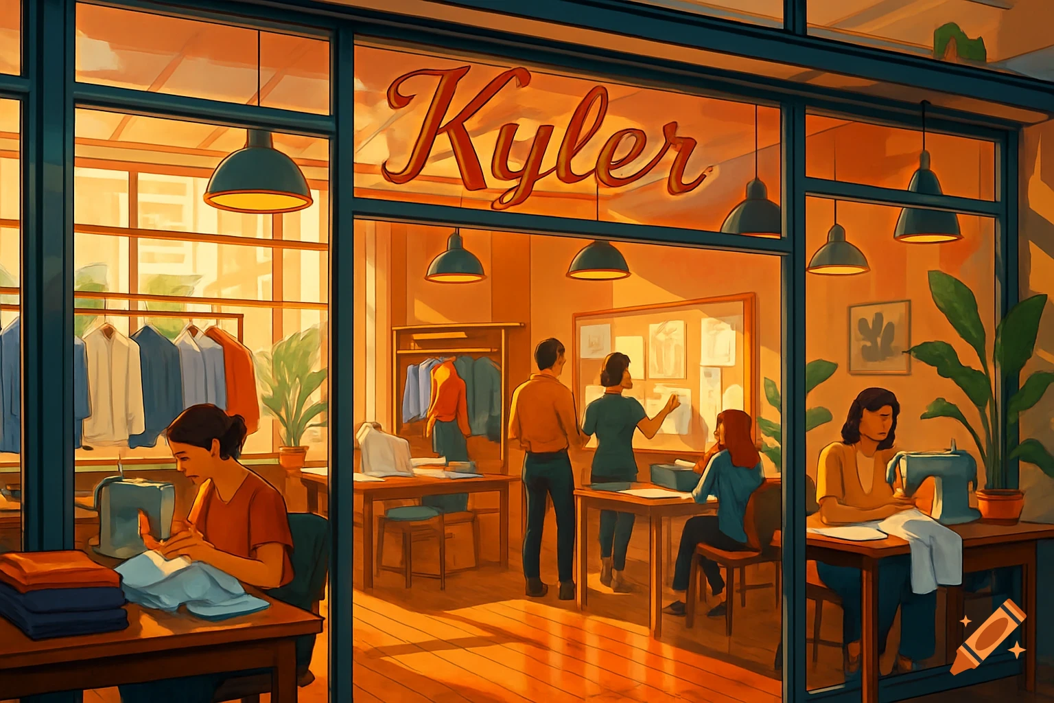 An illustrated view of the interior of 'Kyler' shirt making business with workers sewing and discussing designs.