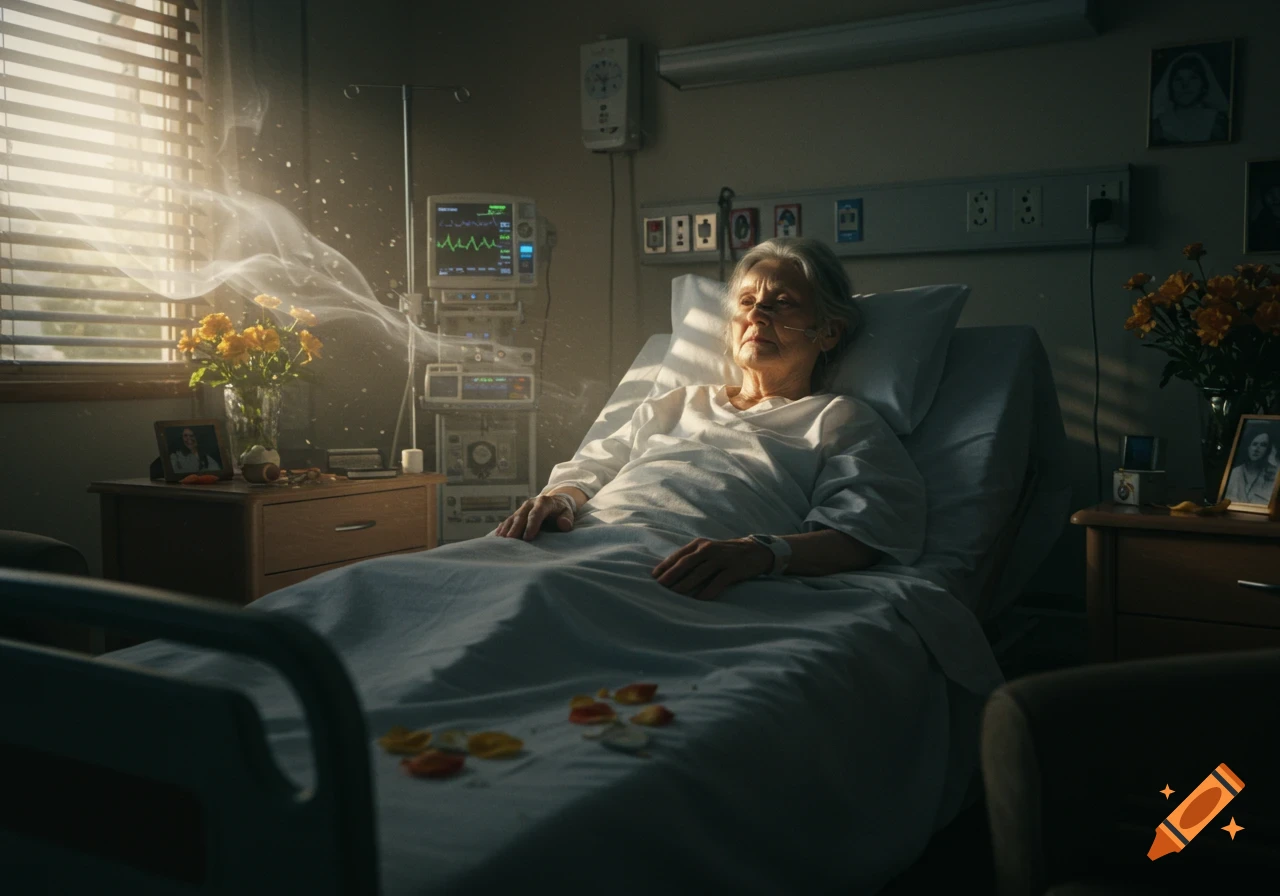 Elderly woman lies in a sunlit hospital bed with medical equipment, flowers, and framed photos nearby, wisps of light floating above her.