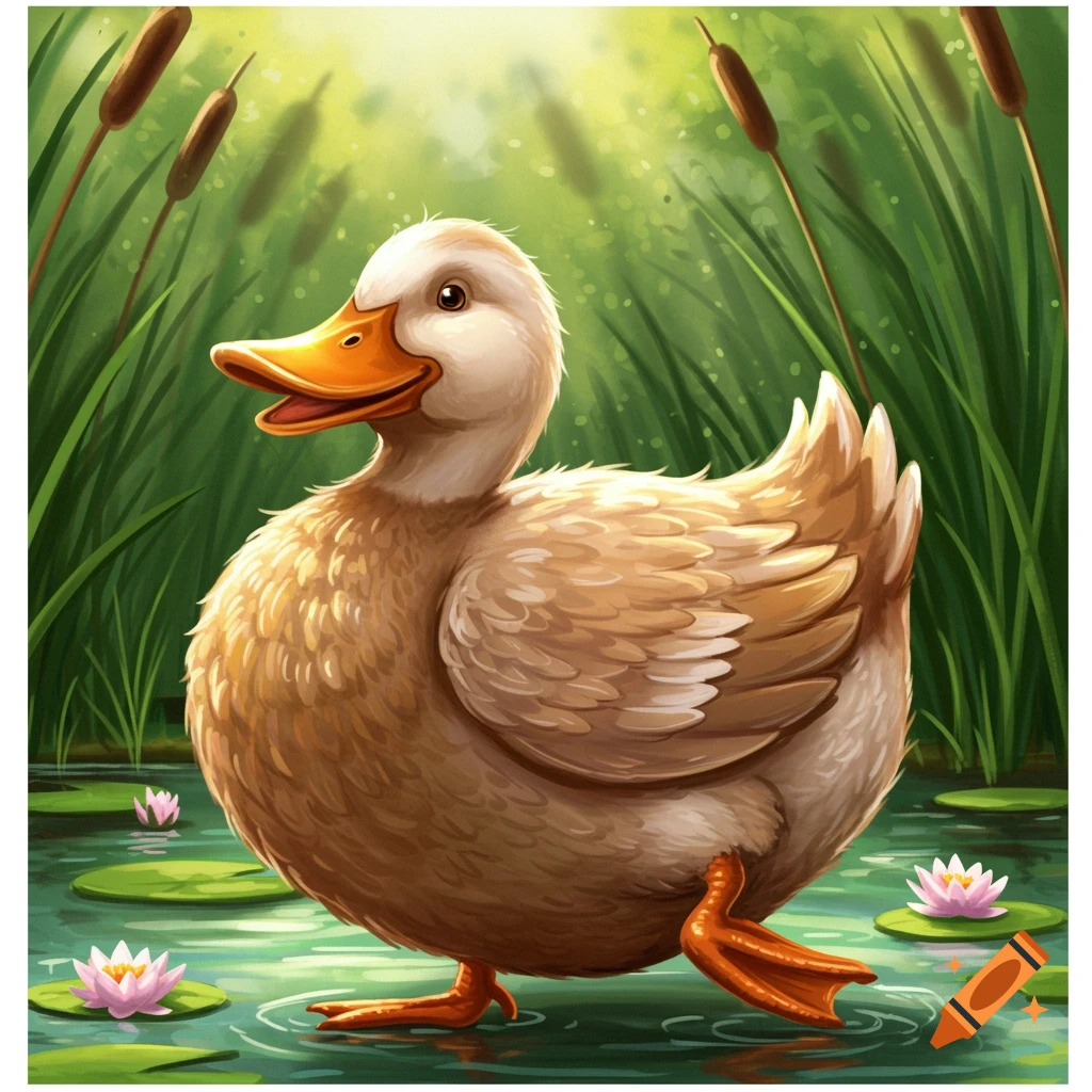 An illustration of a light brown duck standing in a pond with green reeds and pink water lilies.