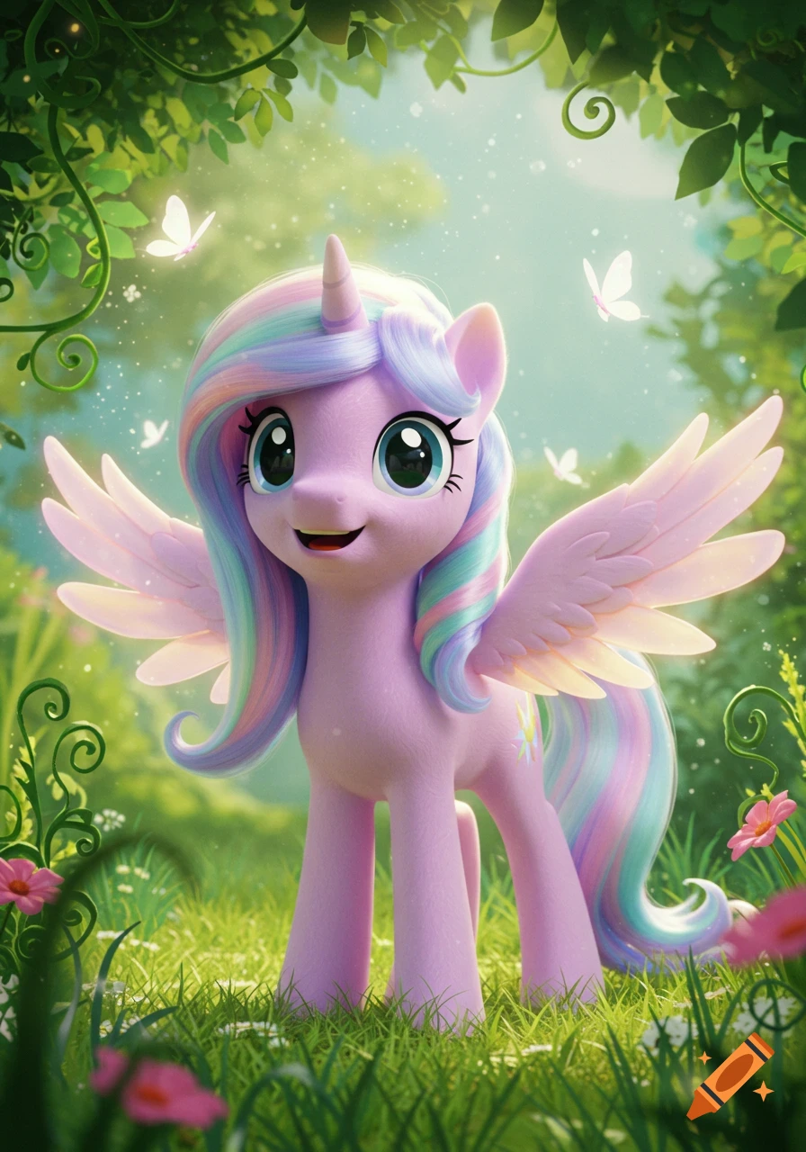 A cute, smiling purple unicorn-pegasus with pastel rainbow mane and tail stands in a lush green forest with butterflies.