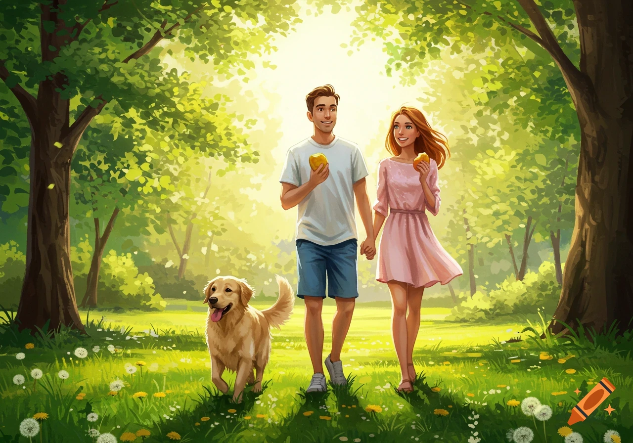 Illustrated couple and dog walking in a sunny, lush green park, holding fruit.