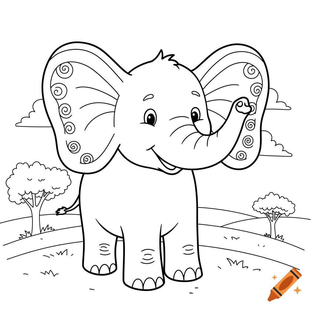 A black and white outline drawing of a smiling baby elephant standing in a field with trees and clouds, suitable for a coloring book.