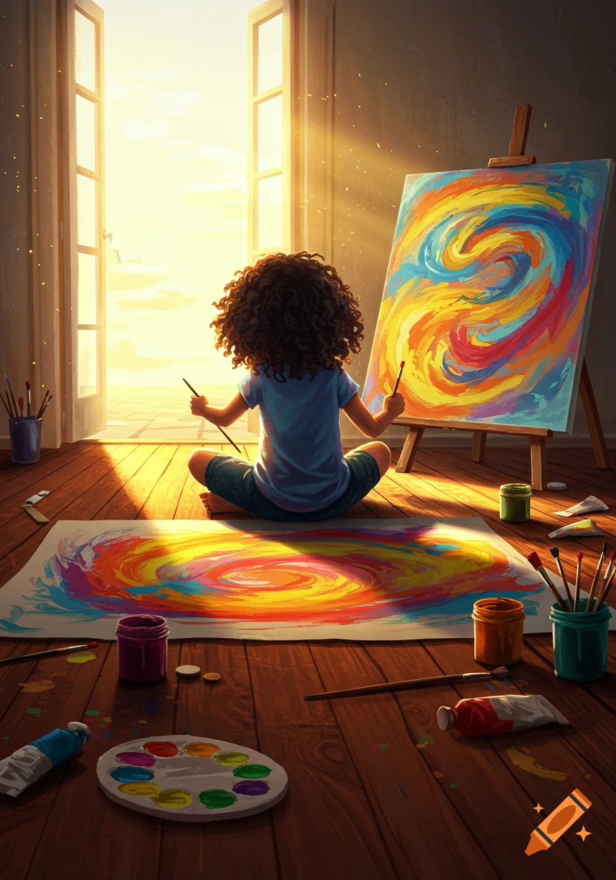 A young child with curly hair paints colorful abstract art on an easel and floor canvas in a bright, sunny room.