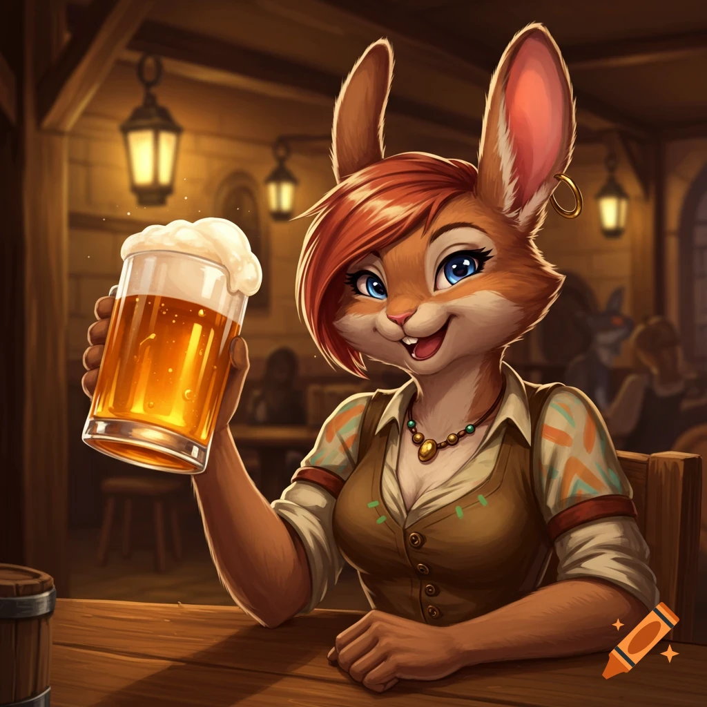 A smiling anthropomorphic rabbit with red hair holds a frothy glass of beer in a dimly lit tavern.