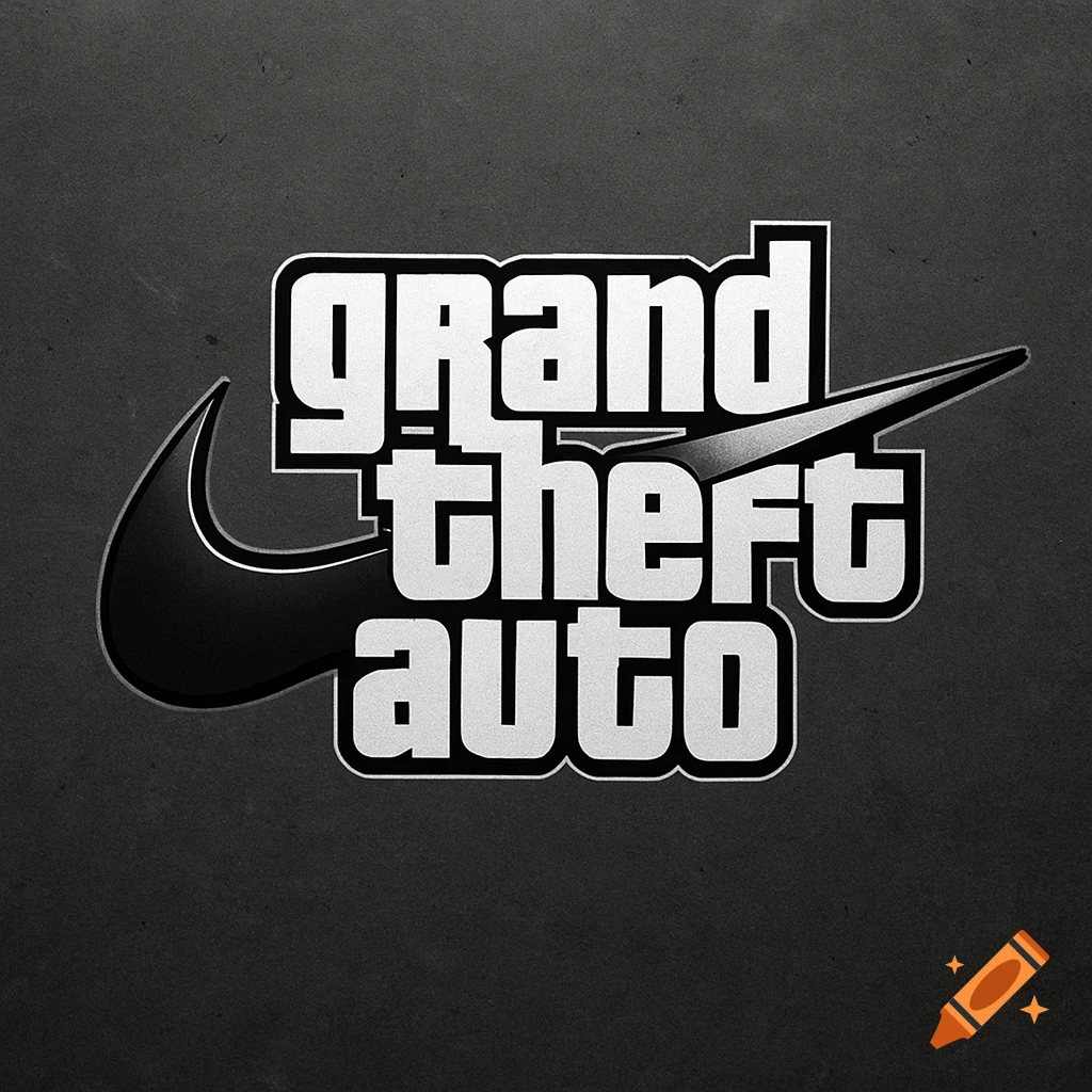 A black and white logo combining the Nike swoosh with the 'Grand Theft Auto' title text.