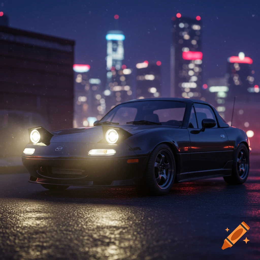 A black Mazda Miata with pop-up headlights sits on a wet city street at night, with blurred city lights in the background. Photorealistic style.