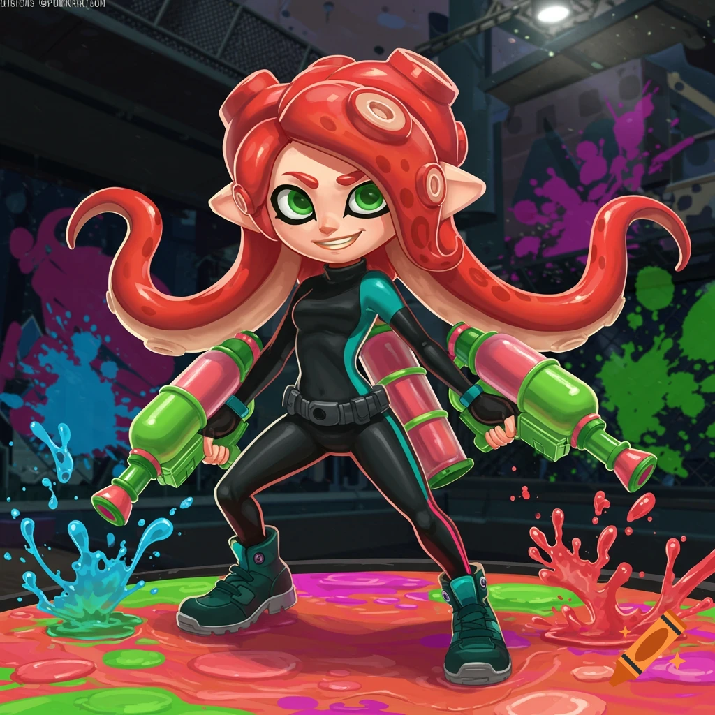 An octoling girl with red tentacles and green eyes holds two ink guns, standing on a colorful ink-splattered floor in a Splatoon-style arena.