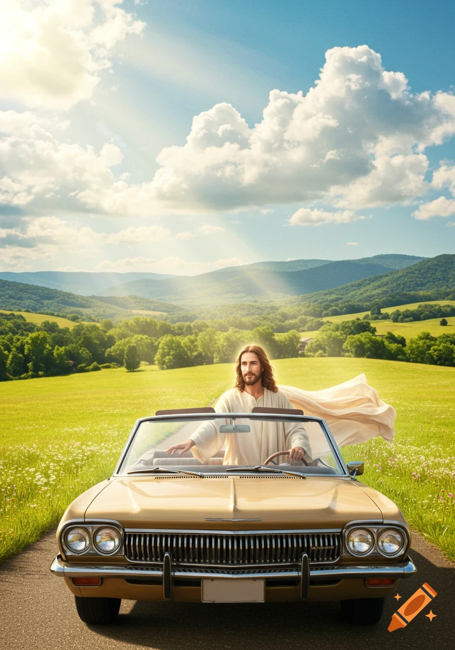 Jesus drives a vintage gold convertible through a sunlit green valley.
