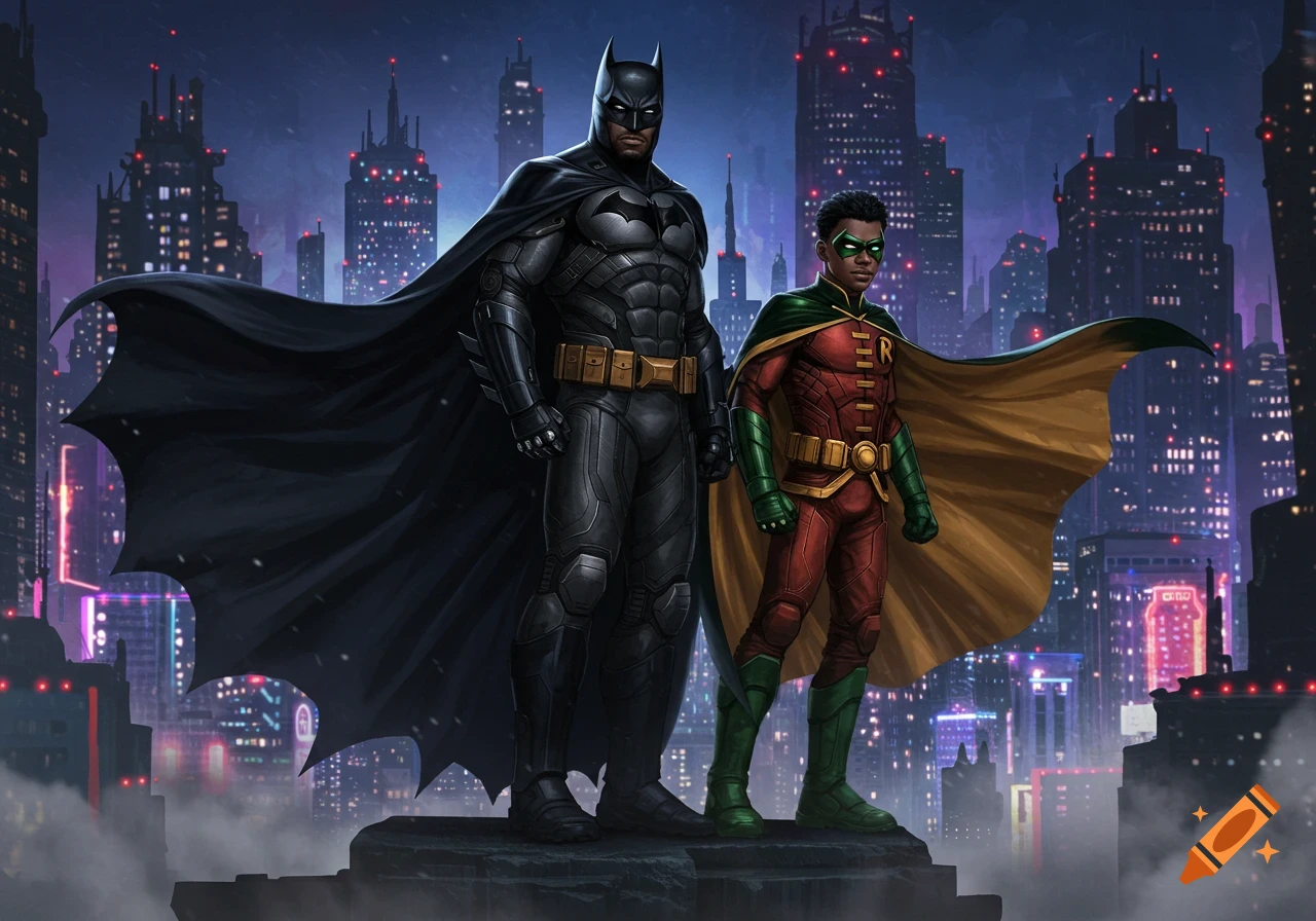 Digital illustration of Batman and Robin standing on a rooftop overlooking a dark, neon-lit city at night.