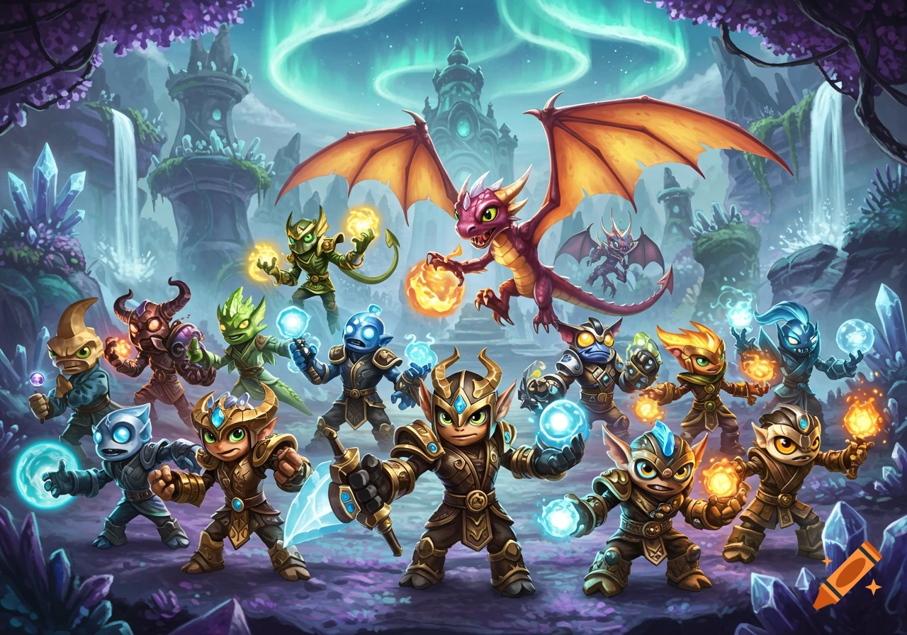 A group of colorful Skylanders-like fantasy creatures, including dragons and goblins, holding glowing orbs and weapons in a vibrant crystal cave with castles and an aurora borealis.