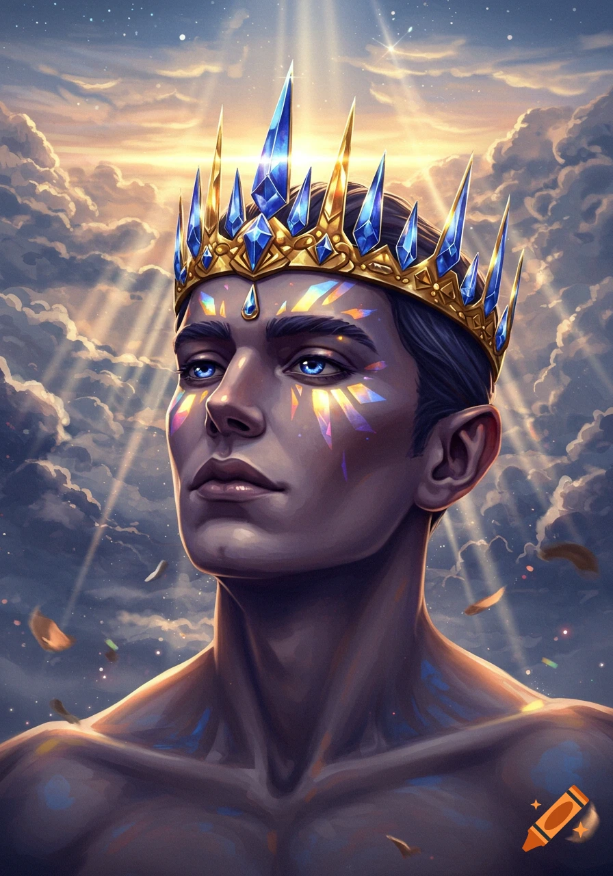 A regal man with a golden crown adorned with blue crystals and glowing face marks, set against a celestial sky with sun rays.