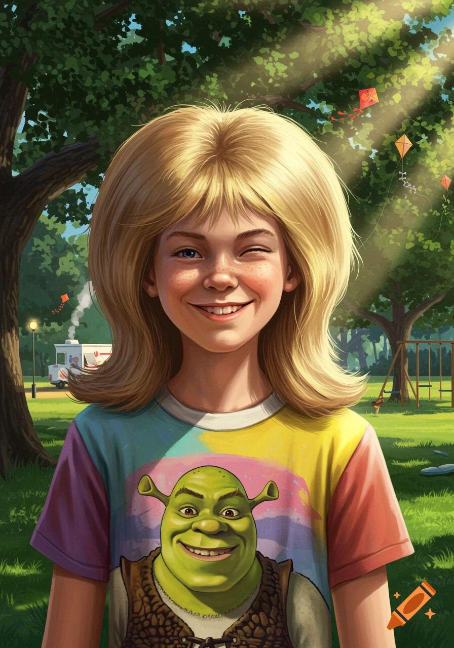 A smiling blonde girl with a mullet winks at the viewer, wearing a colorful Shrek t-shirt in a sunny park.