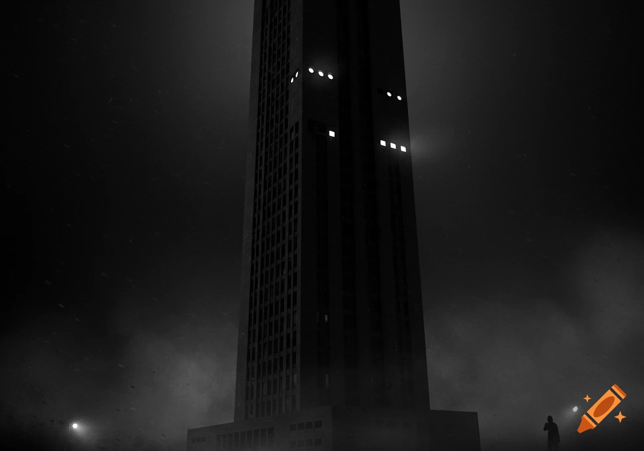 A tall, dark skyscraper with sparsely lit windows stands ominously in a foggy, snowy, black and white scene at night with a lone figure below.