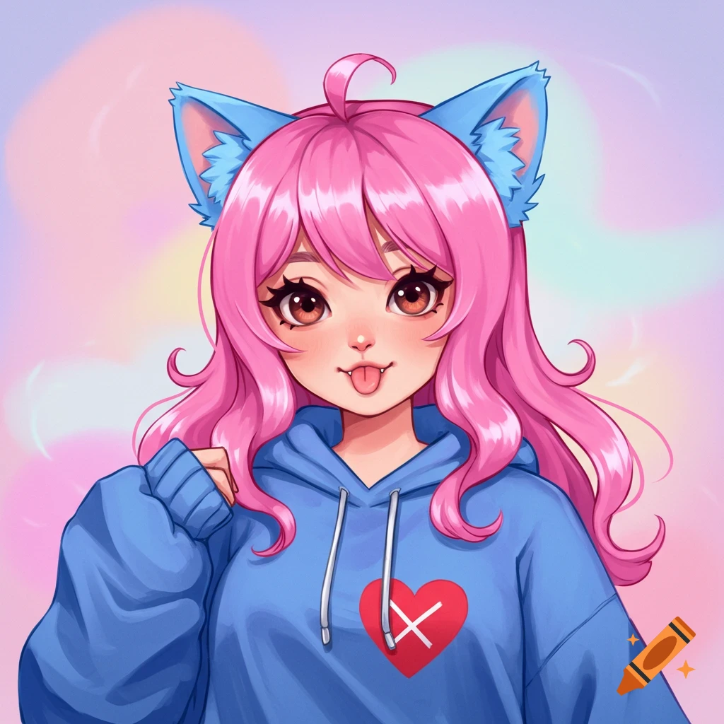 A cartoon catgirl with pink hair and blue ears, wearing a blue hoodie with a red heart and white X, sticking her tongue out.