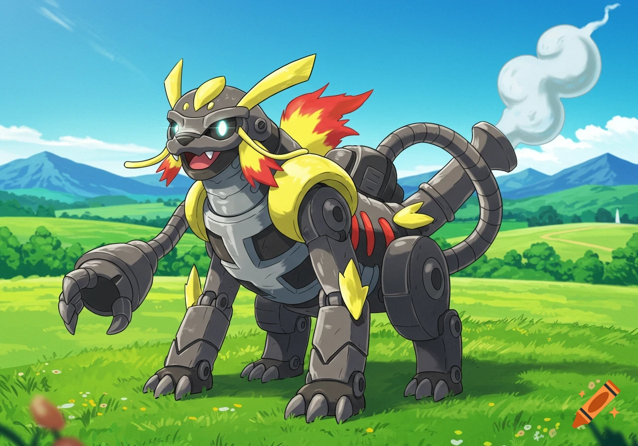 A gray and yellow robotic Pokemon-like creature with glowing blue eyes and a smokey tail stands in a green field with mountains.