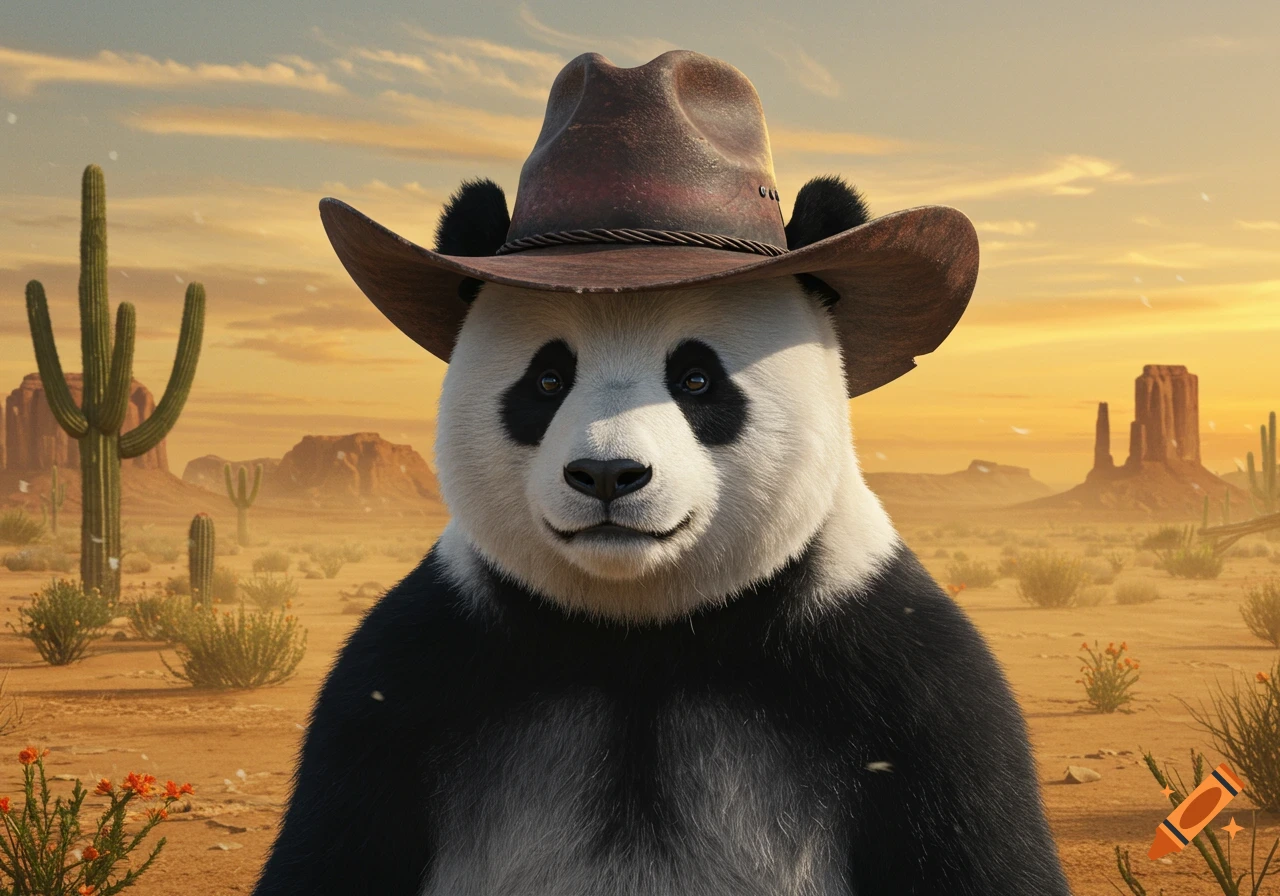 Photorealistic panda wearing a cowboy hat in a desert landscape.
