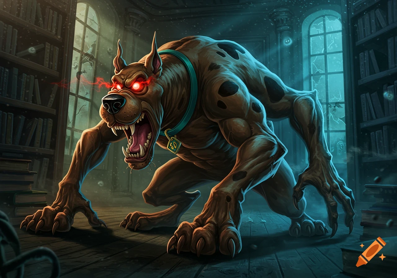 A monstrous, snarling Scooby-Doo with glowing red eyes in a dark, ominous library, digital art.