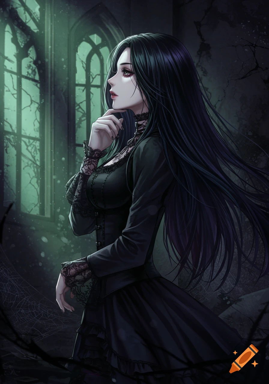 Anime-style illustration of a long-haired gothic woman in a dark dress standing by a tall window in a gloomy room.