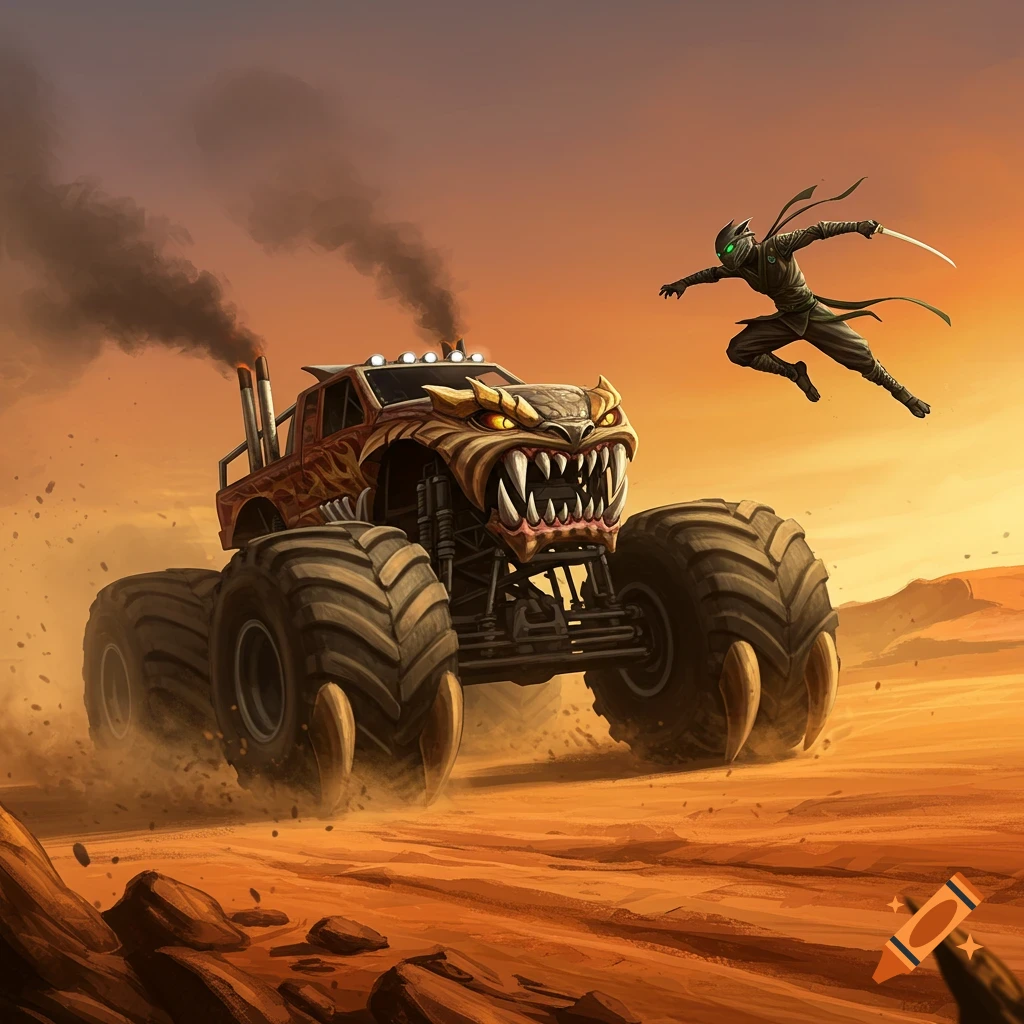 A monstrous monster truck with sharp teeth drives through a desert as a ninja jumps in the air with a sword.