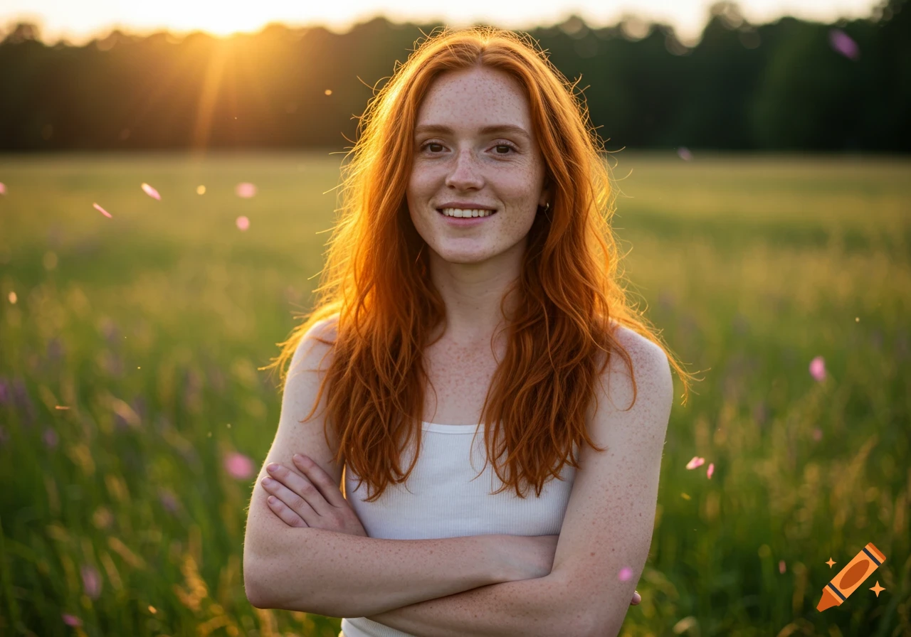 A smiling, red-haired woman with freckles in a white tank top stands with crossed arms in a sunny, green field with pink petals.
