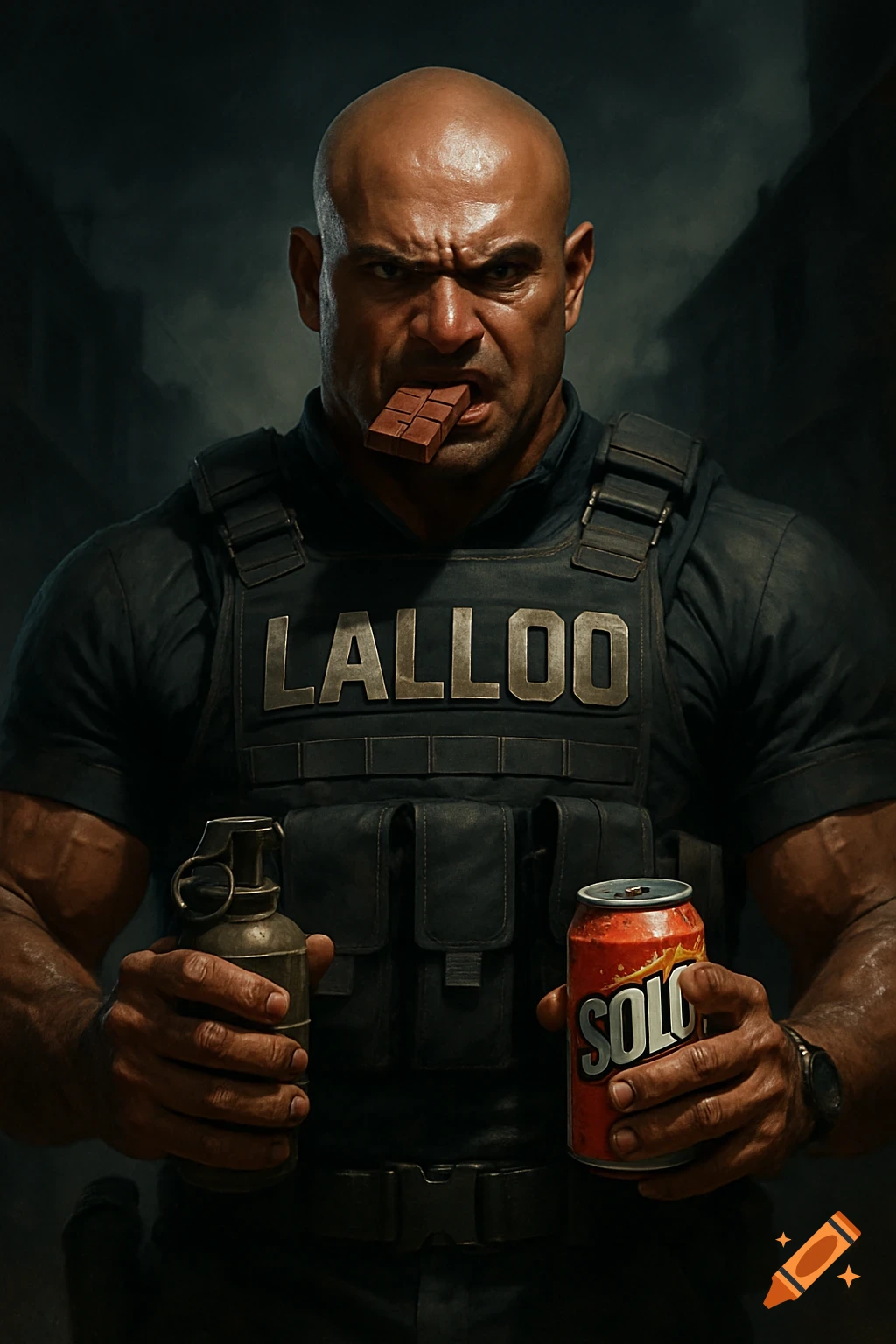 Muscular bald man with chocolate in mouth, wearing a tactical vest, holding a grenade and a soda can.