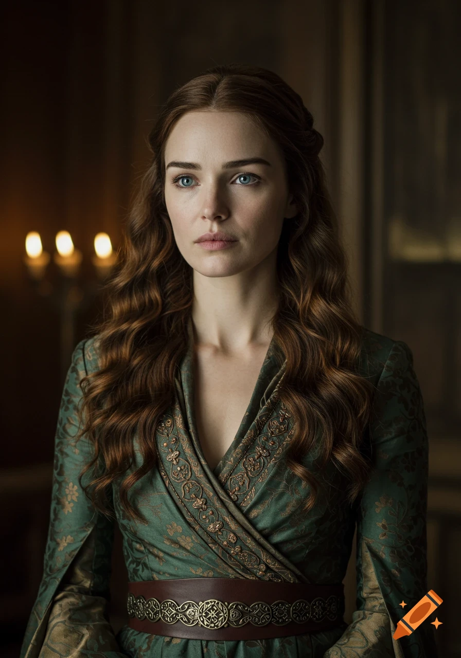 A photorealistic portrait of a woman with long wavy brown hair and blue eyes, wearing an ornate green and gold medieval-style dress.