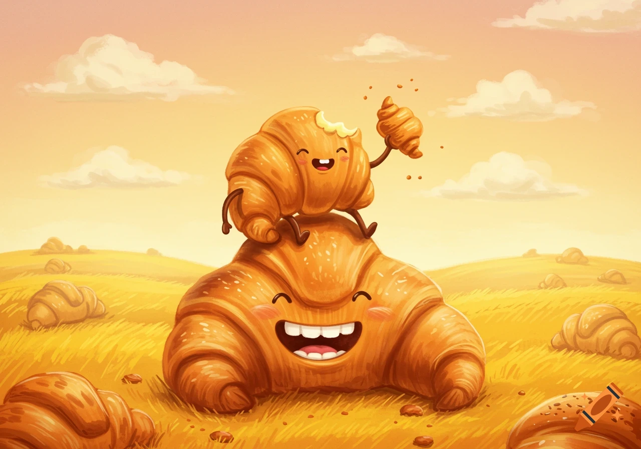 A small, happy, bitten croissant sitting on a larger, happy croissant in a golden field under a cloudy sky, with other croissants scattered.