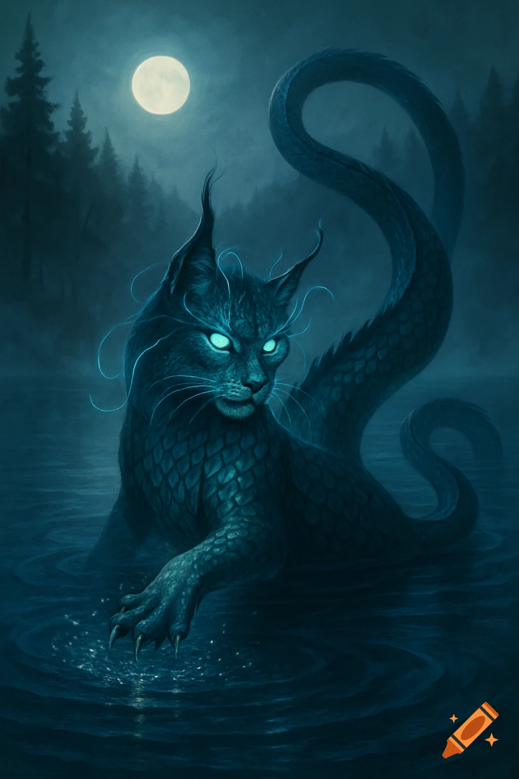 A glowing-eyed water panther, part lynx and part serpent, emerges from dark water under a full moon in a mystical forest.