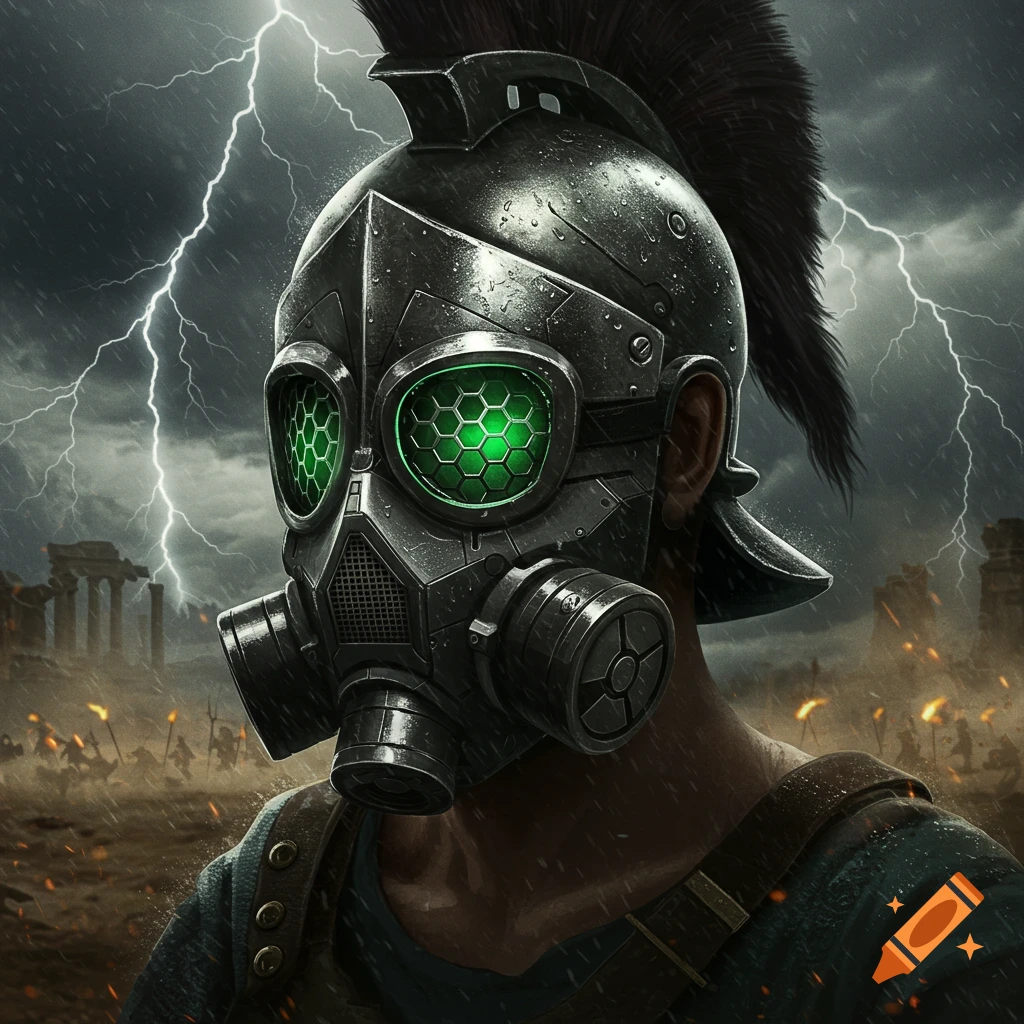 A person wearing a dark, futuristic gladiator-style helmet with glowing green eyes and a gas mask, against a stormy battlefield with lightning.