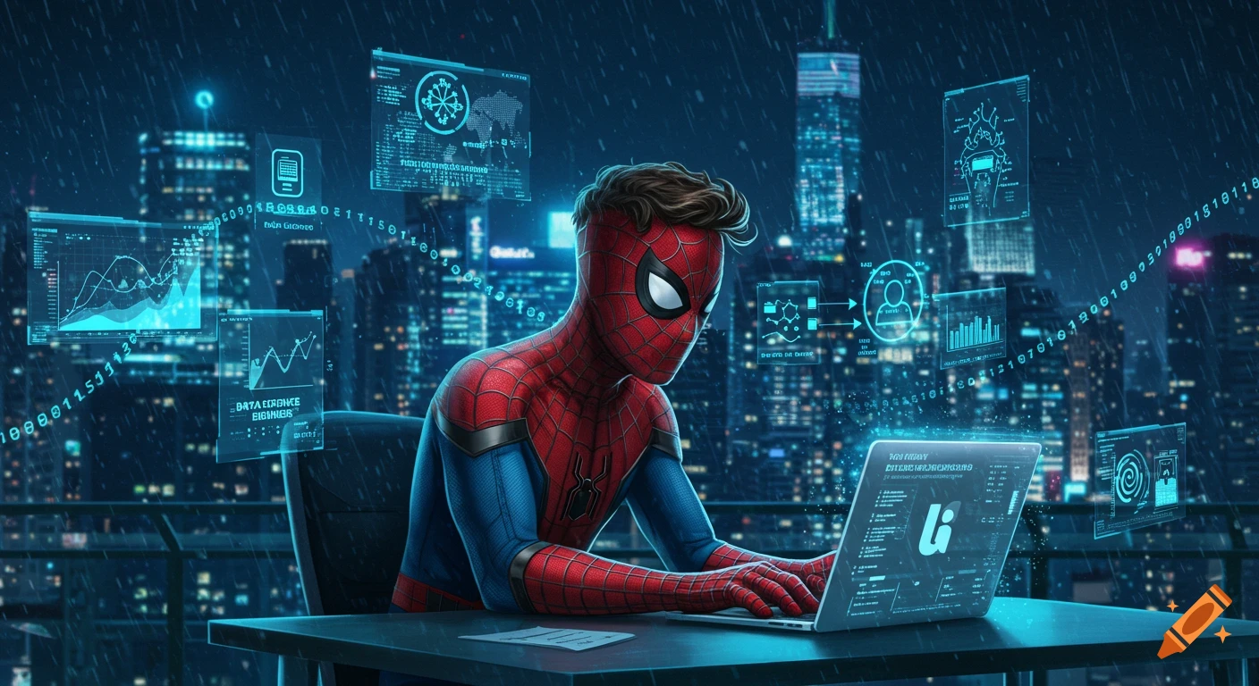Spiderman works on a laptop displaying futuristic data interfaces and binary code on a rainy city rooftop at night.