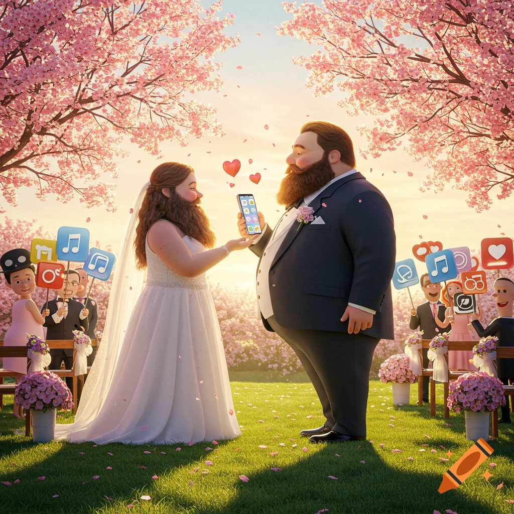 A stylized image of an overweight man in a tuxedo marrying a cell phone, held by a woman with a beard in a wedding dress, under blossoming cherry trees.