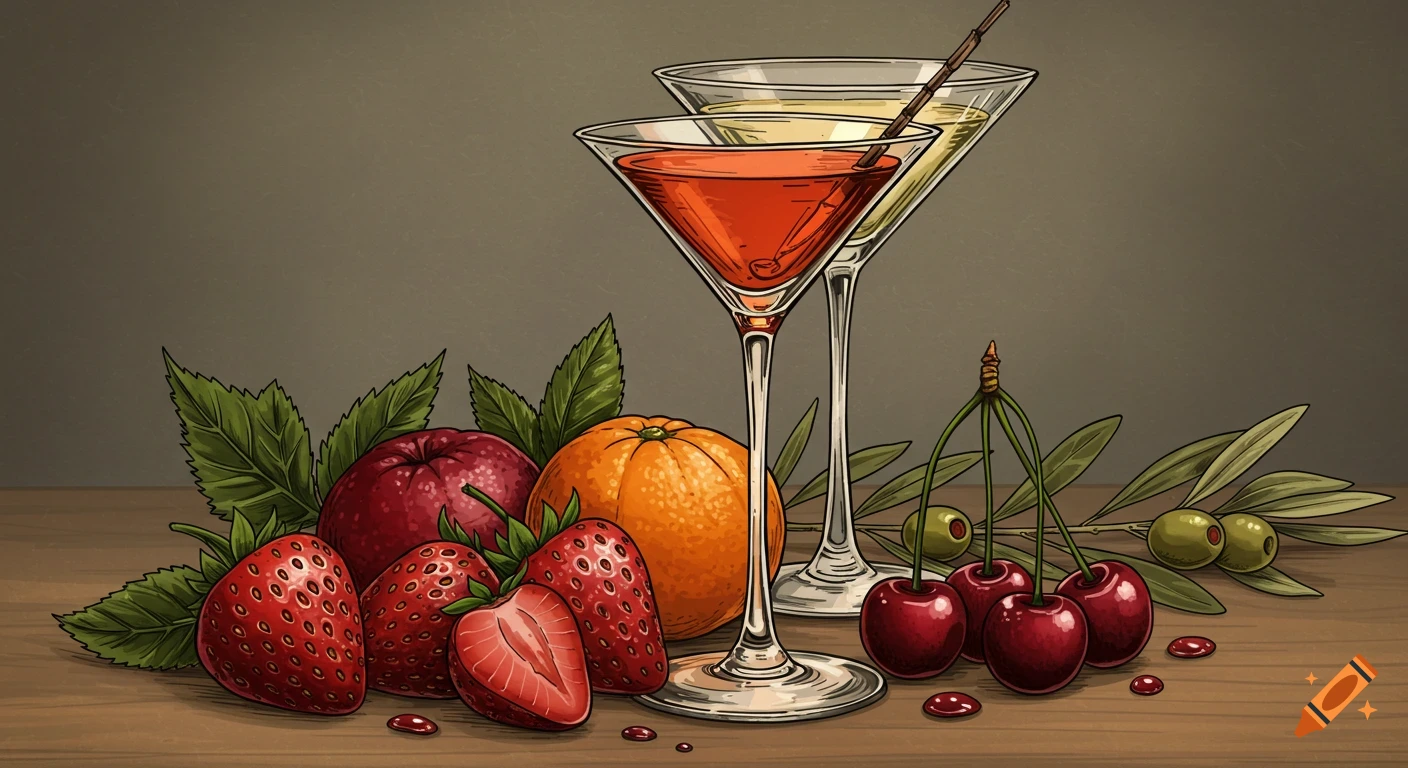 Hand-drawn vintage illustration of two martini glasses with cocktails, strawberries, cherries, an orange, and olives on a wooden surface.
