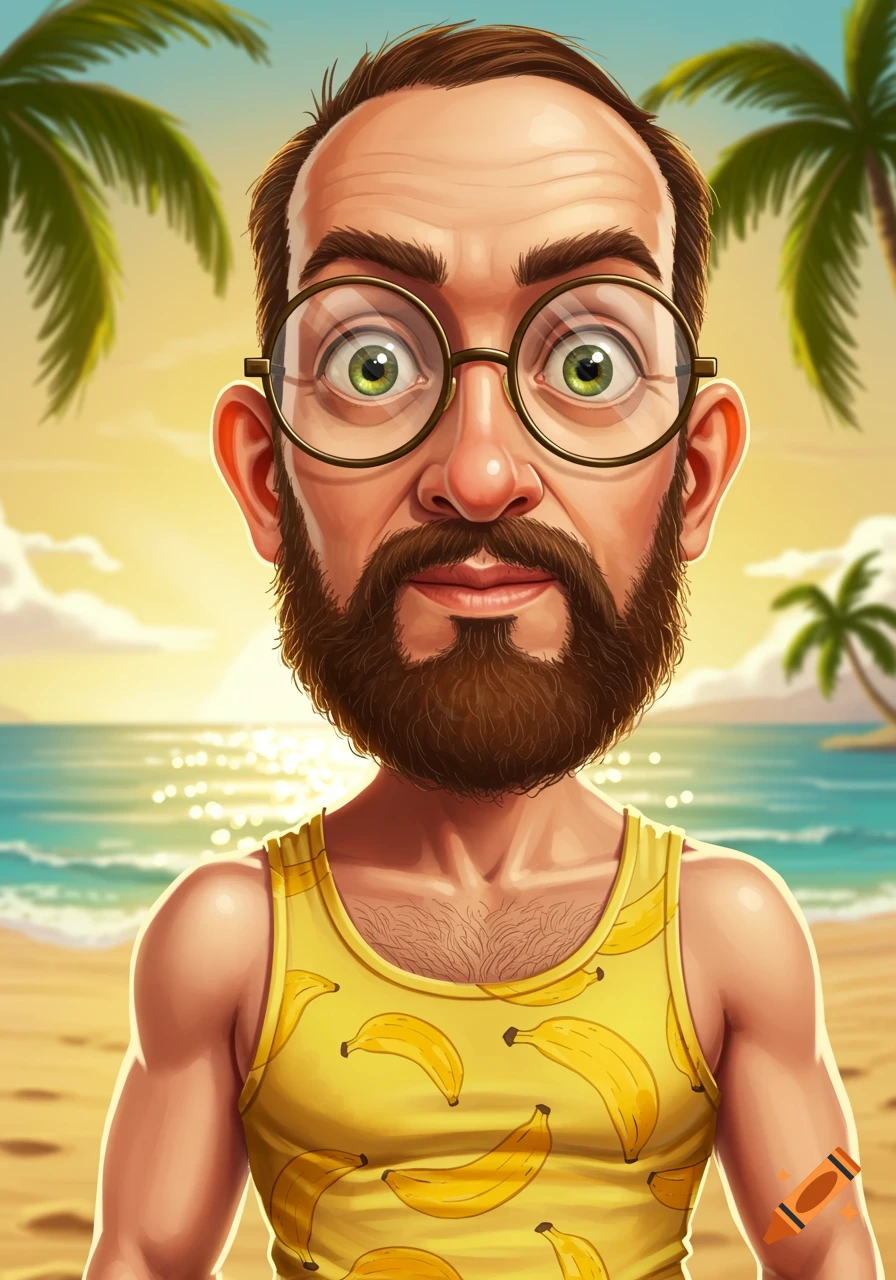 A caricature man with glasses and a beard wears a yellow banana tank top on a sunny beach.