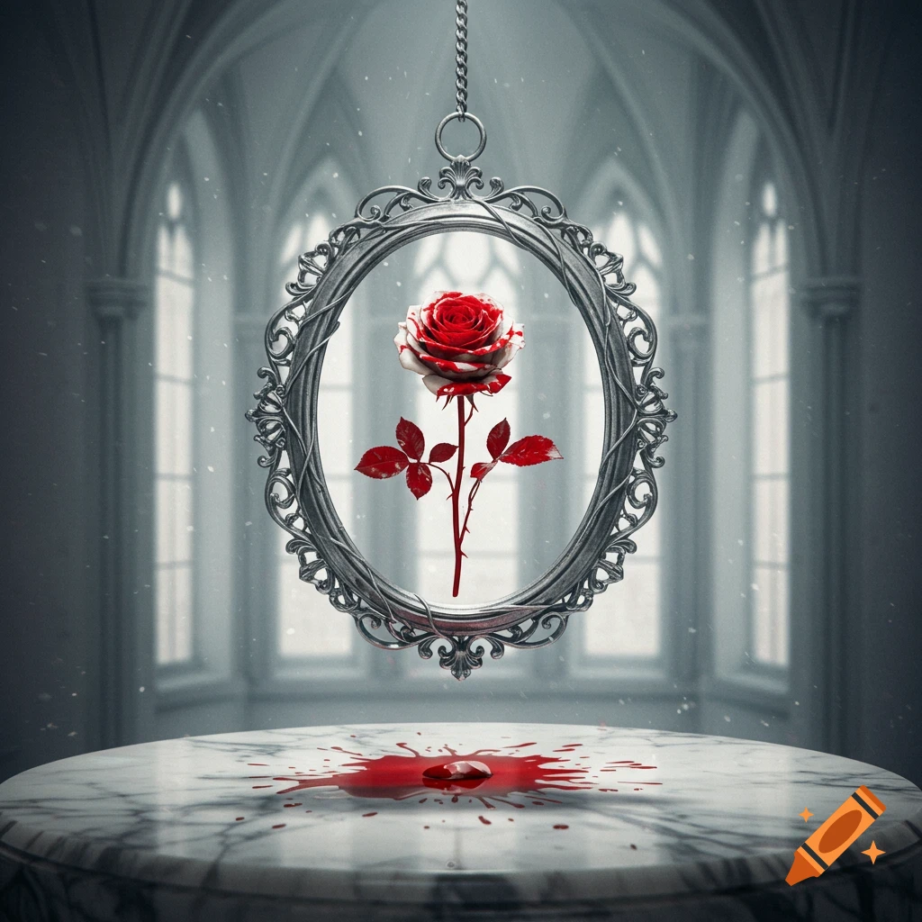 A white rose with red splatters is suspended in an ornate silver frame above a marble table with a red puddle, set in a gothic room.