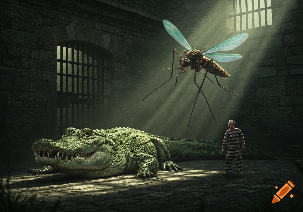 A giant mosquito hovers over a prisoner and a large alligator in a dungeon-like cell with barred windows, rendered in a photorealistic style.